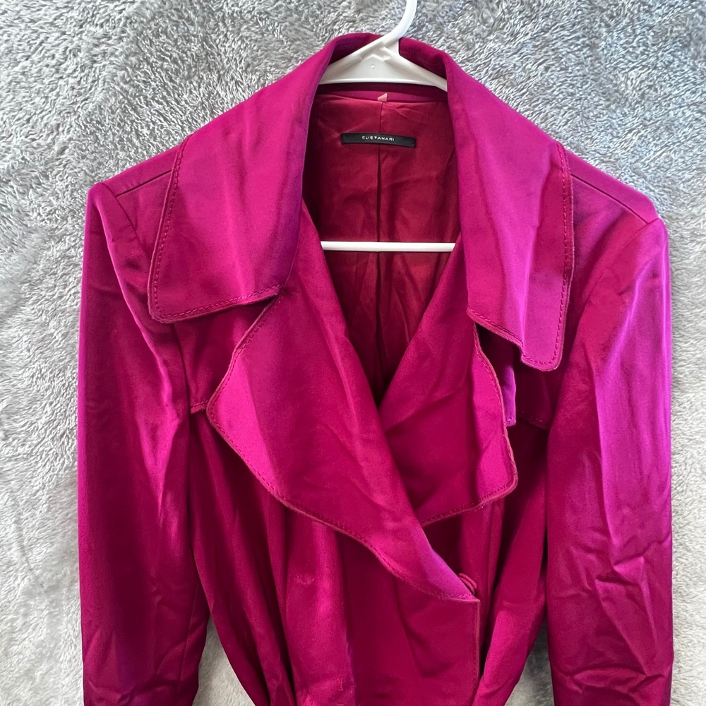 Elie Tahari Small Magenta Pink Satin Trench Coat Tie Cuff Belted Barbiecore